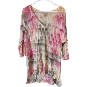 XCVI Peach Pink Tie Dye Tunic Top Scoop Neck 3/4 Sleeve Cotton Modal Size M